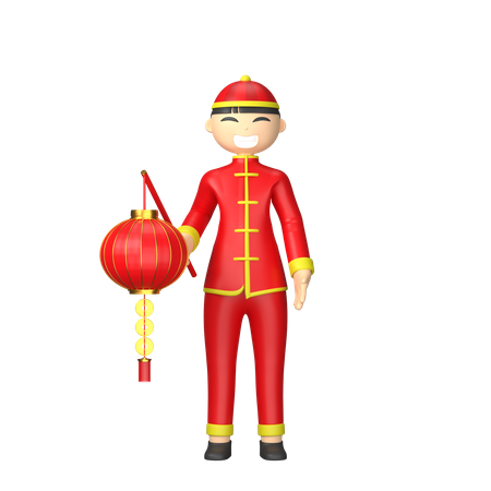 Caractère chinois tenant une lanterne rouge  3D Illustration
