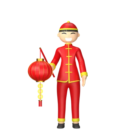 Caractère chinois tenant une lanterne rouge  3D Illustration