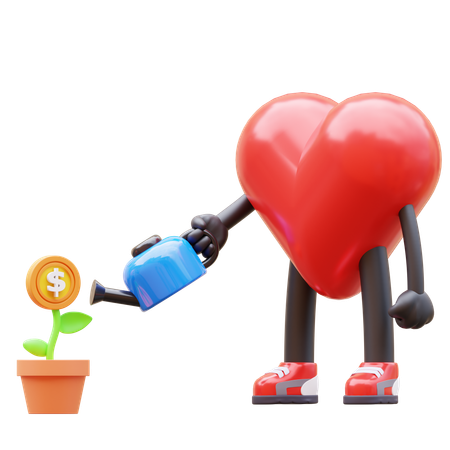 Caractère de coeur arrosant une plante en dollars  3D Icon