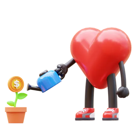 Caractère de coeur arrosant une plante en dollars  3D Icon