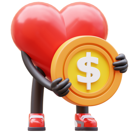 Caractère de coeur tenant une pièce de monnaie  3D Icon
