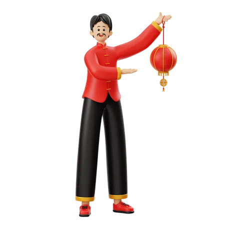 Personnage chinois tenant une lanterne  3D Illustration