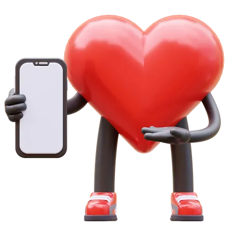 Personnage d'amour présentant un écran de smartphone vide  3D Illustration