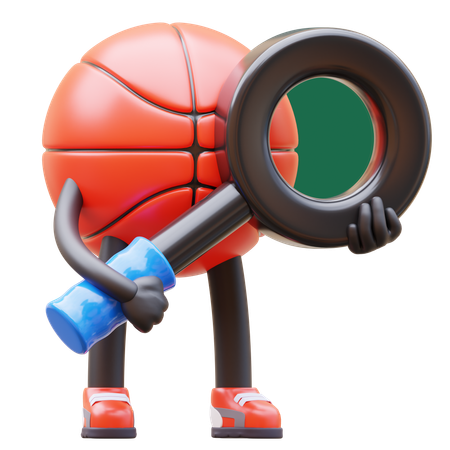 Personnage de basket-ball avec loupe  3D Illustration