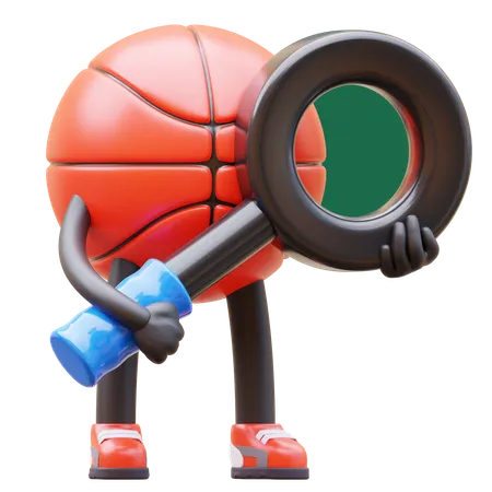 Personnage de basket-ball avec loupe  3D Illustration