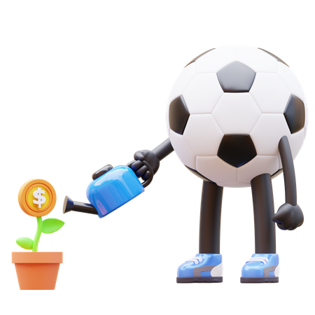 Personnage De Ballon De Football Arrosant Une Usine D'argent Pour L'Investissement  3D Illustration