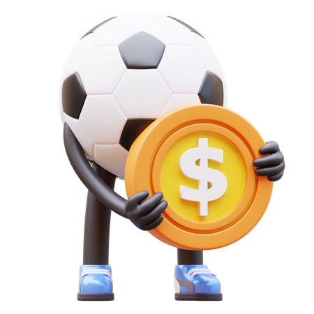 Personnage de ballon de football tenant une pièce de monnaie  3D Illustration