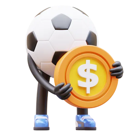 Personnage de ballon de football tenant une pièce de monnaie  3D Illustration