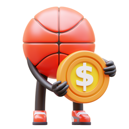 Personnage de basket-ball tenant une pièce de monnaie  3D Illustration