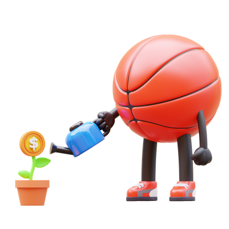 Personnage De Basket-ball Arrosant Une Usine D'argent Pour L'Investissement  3D Illustration