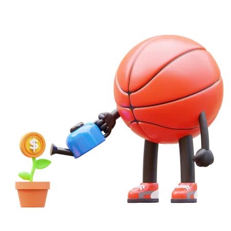 Personnage De Basket-ball Arrosant Une Usine D'argent Pour L'Investissement  3D Illustration