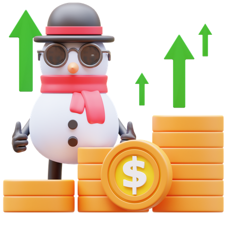 Caractère de bonhomme de neige montrant un graphique d'argent se levant  3D Illustration
