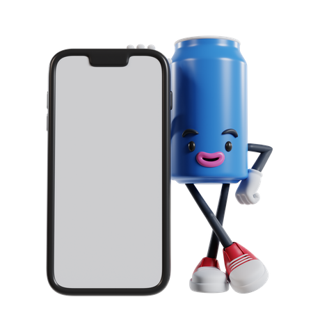 Canette de personnage de boisson gazeuse debout à côté d'un gros téléphone avec les jambes croisées et les mains sur les hanches  3D Illustration