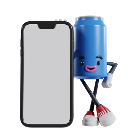 Canette de personnage de boisson gazeuse debout à côté d'un gros téléphone avec les jambes croisées et les mains sur les hanches  3D Illustration