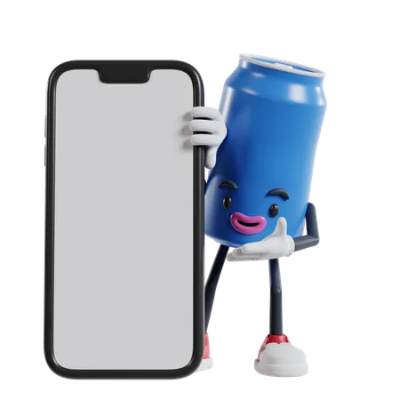 Un personnage de boisson gazeuse qui regarde derrière un gros téléphone portable et montre à la main ce qui est sur l'écran  3D Illustration