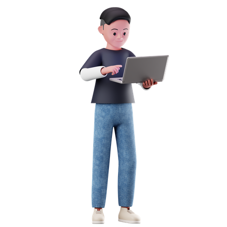 Personnage de jeune garçon utilisant un ordinateur portable  3D Illustration