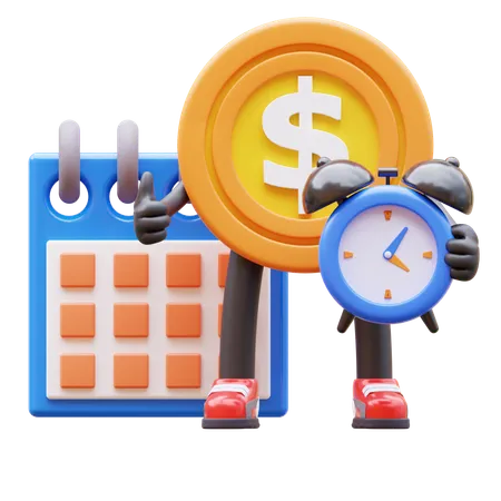 Personnage de pièce de monnaie en dollars établissant un calendrier pour la date limite  3D Illustration