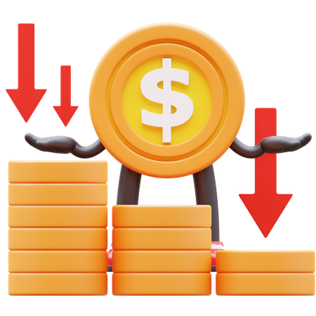 Caractère de pièce de dollar montrant le graphique d'argent tombant  3D Illustration