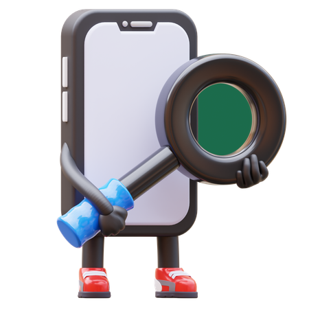 Caractère de smartphone avec loupe  3D Illustration