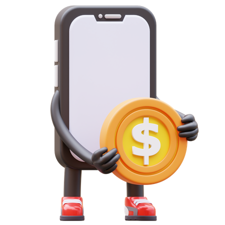 Personnage de smartphone tenant une pièce de monnaie  3D Illustration