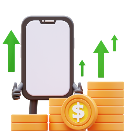 Caractère de smartphone montrant le graphique de l'argent en hausse  3D Illustration