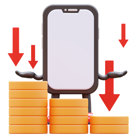 Caractère de smartphone montrant le graphique de l'argent tombant  3D Illustration