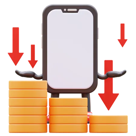 Caractère de smartphone montrant le graphique de l'argent tombant  3D Illustration