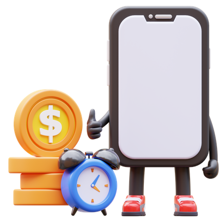 Personnage de smartphone, le temps, c'est de l'argent  3D Illustration