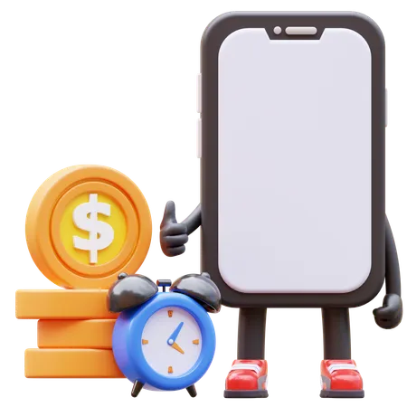 Personnage de smartphone, le temps, c'est de l'argent  3D Illustration