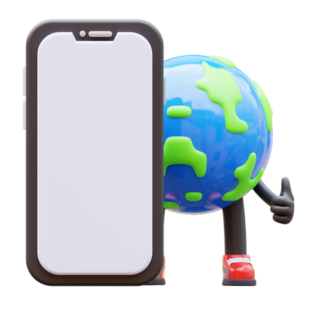 Personnage de la Terre présentant un écran de smartphone vide  3D Illustration