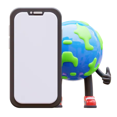 Personnage de la Terre présentant un écran de smartphone vide  3D Illustration