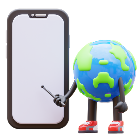 Personnage de la Terre présentant un écran de smartphone vide  3D Illustration