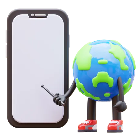 Personnage de la Terre présentant un écran de smartphone vide  3D Illustration