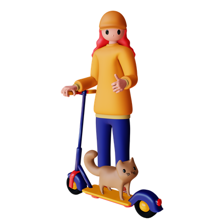 Personnage féminin chevauchant un scooter électrique avec un chat  3D Illustration