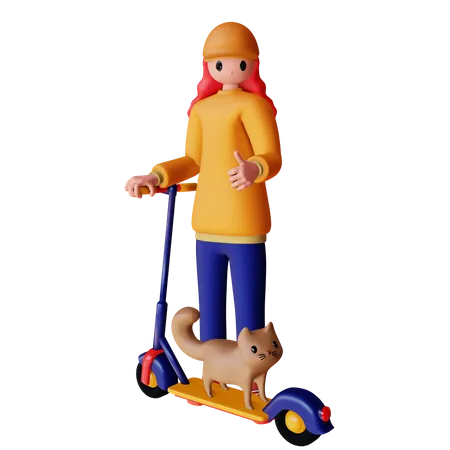 Personnage féminin chevauchant un scooter électrique avec un chat  3D Illustration