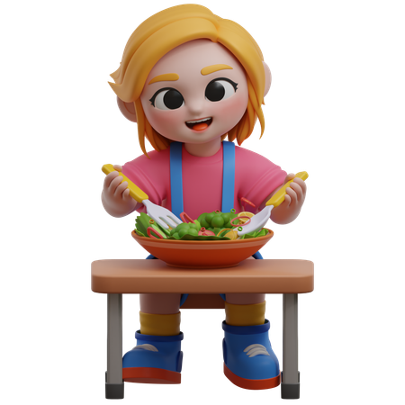 Personnage féminin dégustant une salade à une table  3D Illustration