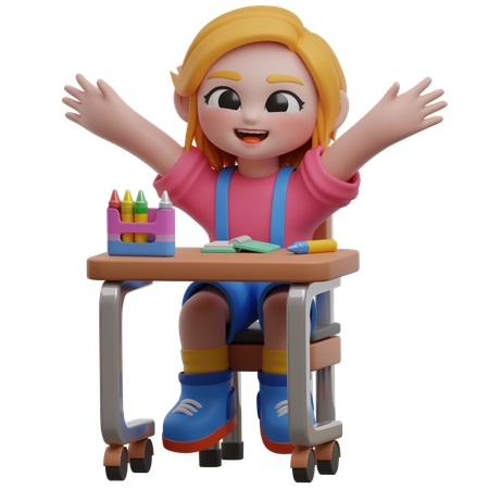 Personnage de fille au bureau avec des fournitures  3D Illustration