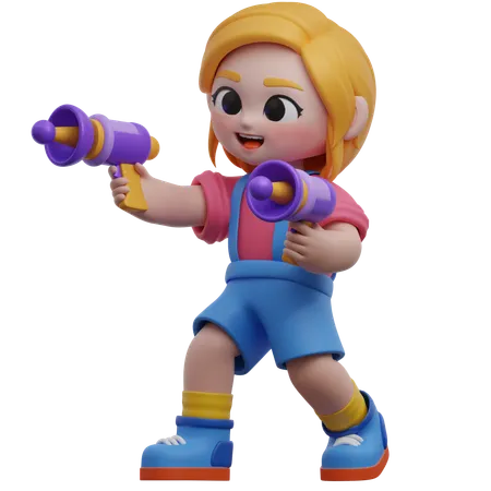 Personnage de fille jouant avec des jouets de pistolet  3D Illustration