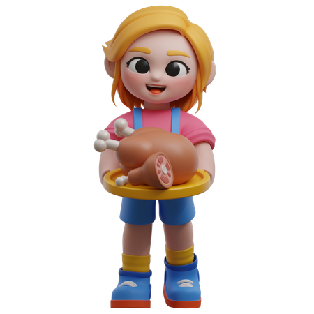 Personnage féminin tenant un poulet rôti  3D Illustration