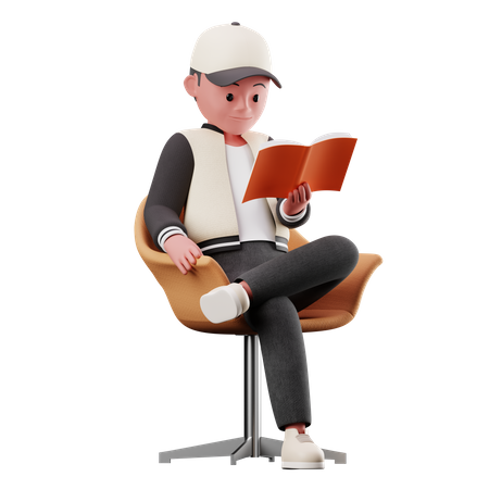 Personnage masculin assis sur une chaise et lisant un livre  3D Illustration