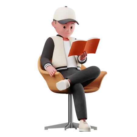 Personnage masculin assis sur une chaise et lisant un livre  3D Illustration