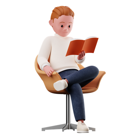 Personnage masculin assis sur une chaise et lisant un livre  3D Illustration