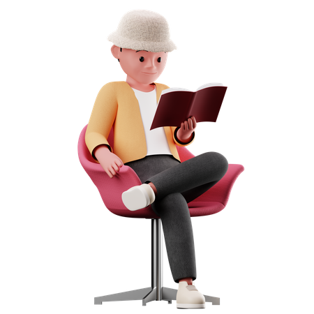 Personnage masculin assis sur une chaise et lisant un livre  3D Illustration