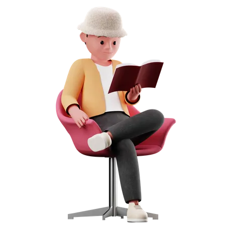 Personnage masculin assis sur une chaise et lisant un livre  3D Illustration