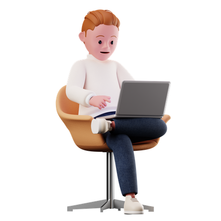 Personnage masculin assis sur une chaise et utilisant un ordinateur portable  3D Illustration