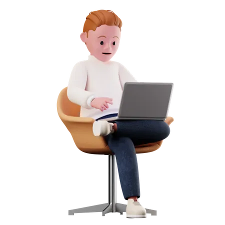 Personnage masculin assis sur une chaise et utilisant un ordinateur portable  3D Illustration