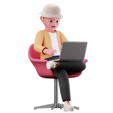 Personnage masculin assis sur une chaise et utilisant un ordinateur portable  3D Illustration