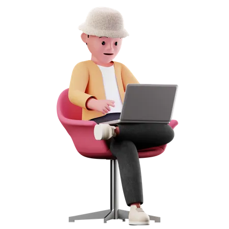 Personnage masculin assis sur une chaise et utilisant un ordinateur portable  3D Illustration