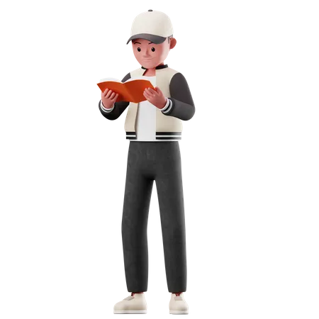 Personnage masculin lisant une pose de livre  3D Illustration