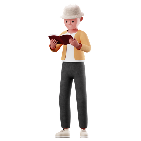 Personnage masculin lisant une pose de livre  3D Illustration